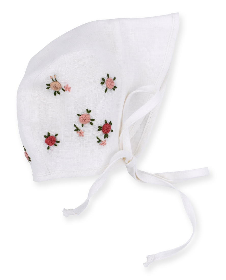 Rose Embroidered Linen Bonnet