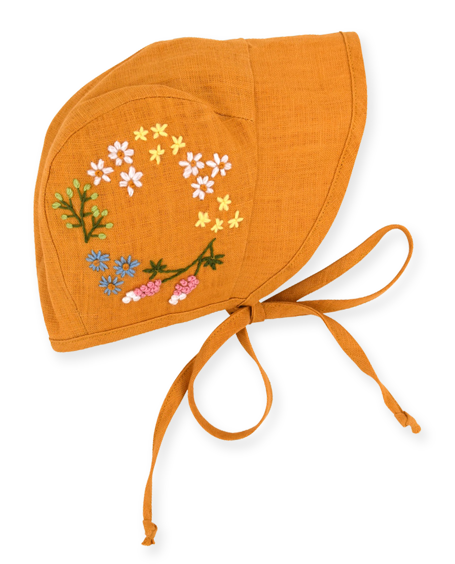 Wild Flower Embroidered Linen Bonnet