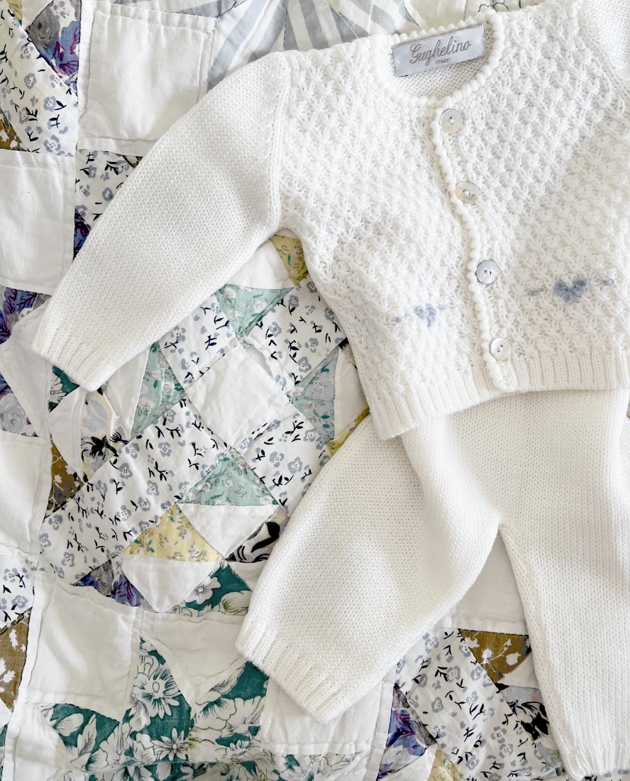 First Outfit Baby Set, Bobble Weave Merino Wool with Hand-Embroidered Blue Ribbons