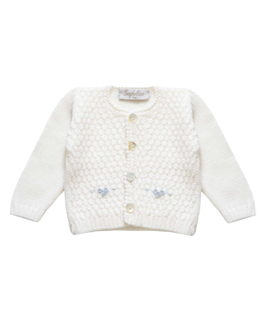 First Outfit Baby Set, Bobble Weave Merino Wool with Hand-Embroidered Blue Ribbons