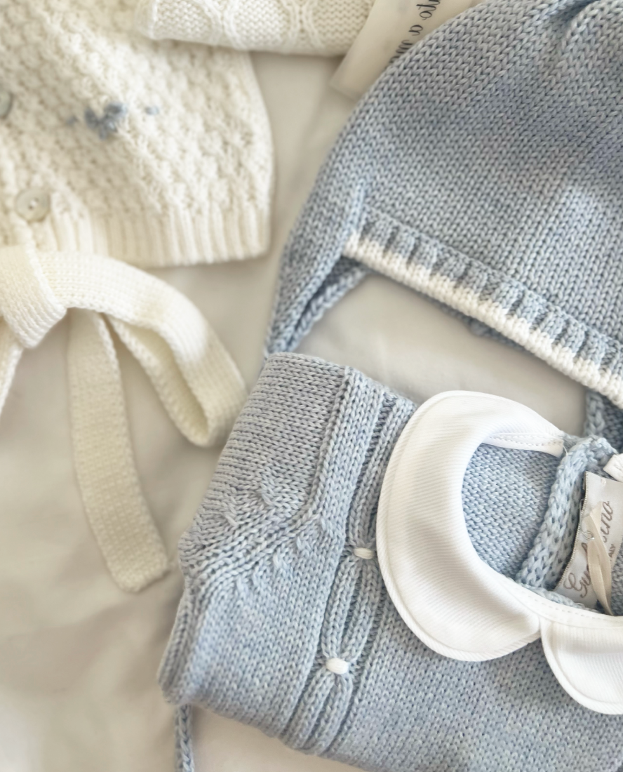 Hand-Embroidered Cable-Knit Baby Romper, Azzurra