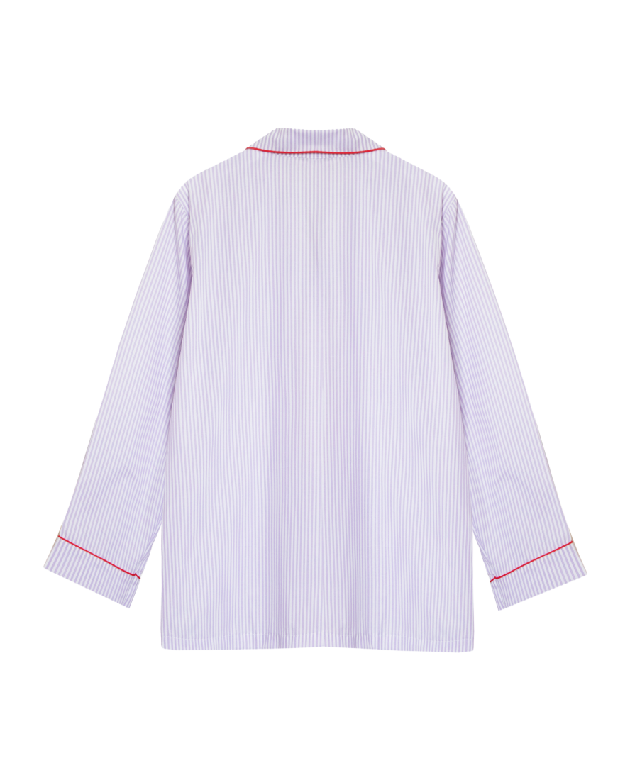 Women's Poplin Pyjamas, Soft Lilac Stripe with Cherry Red Piping
