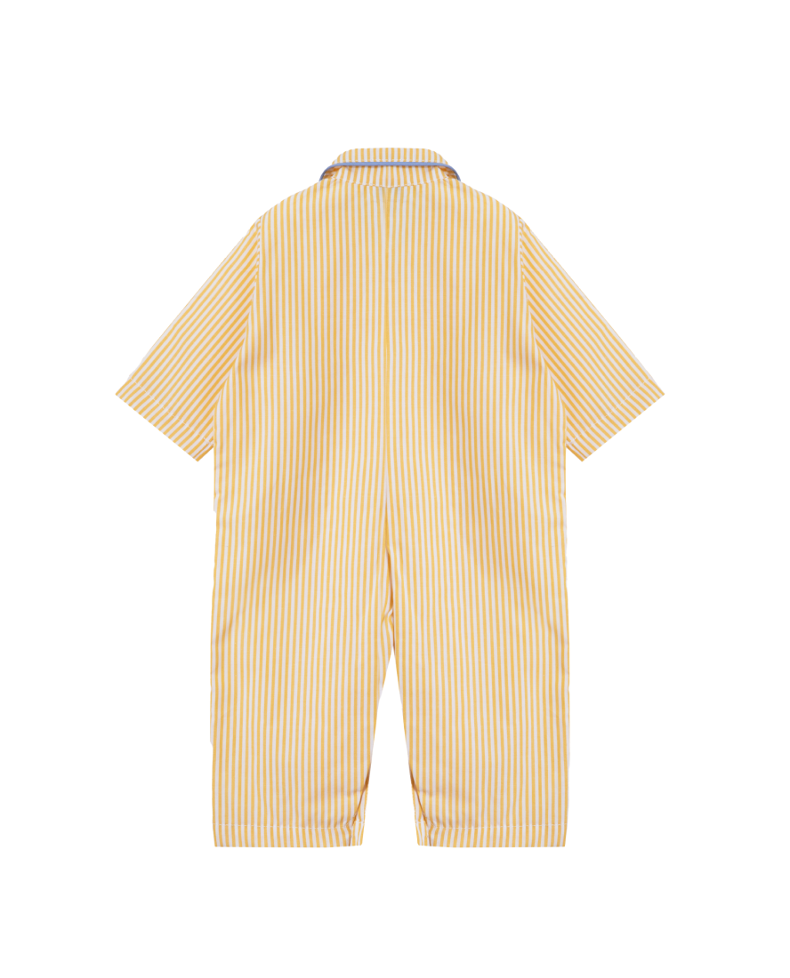 Poplin Baby Pyjama Suit, Butter Yellow Stripe with Periwinkle Blue Piping