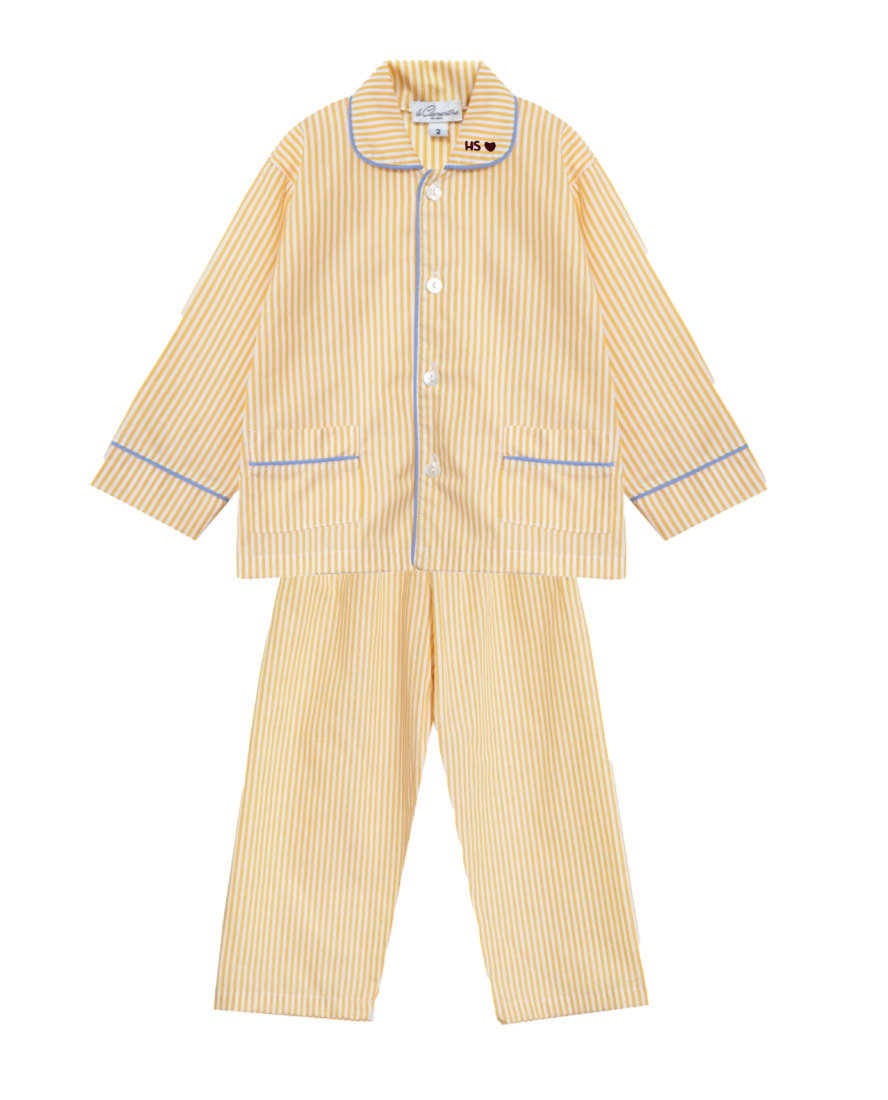 Poplin Pyjamas, Butter Yellow with Perwinkle Blue Piping