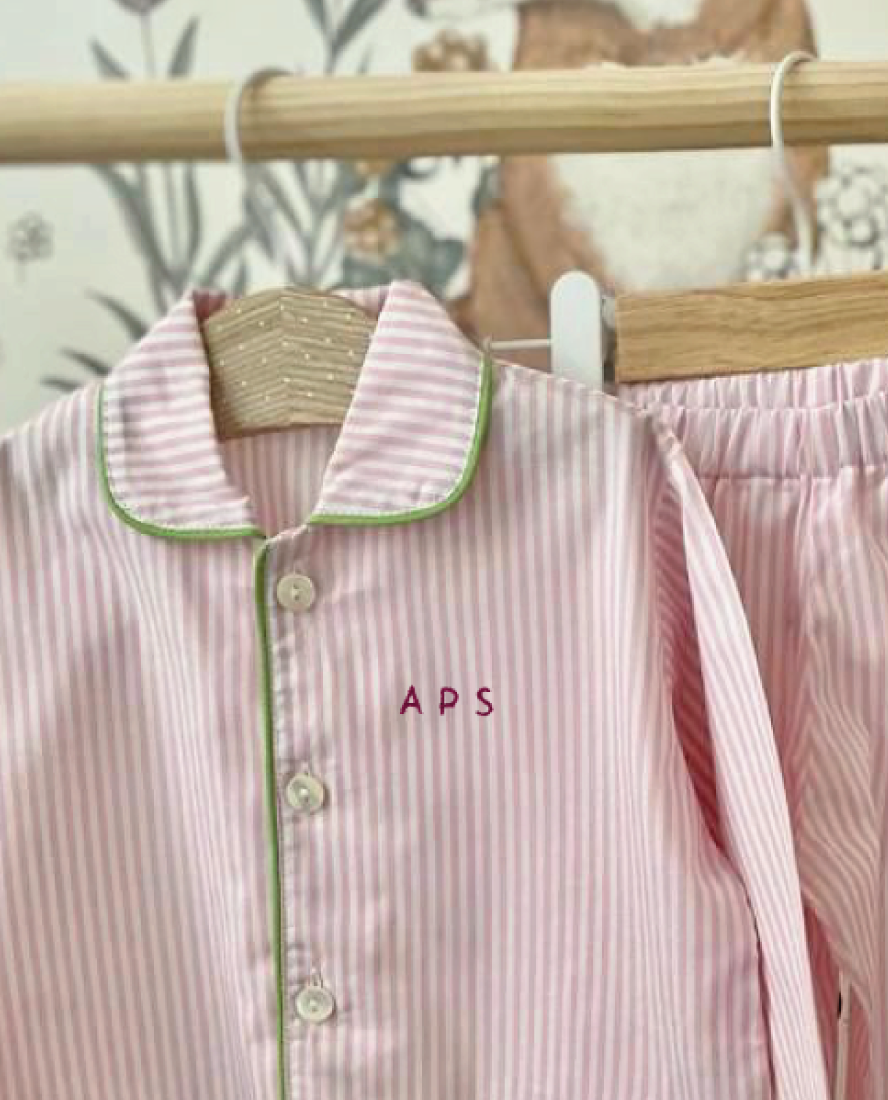 Pink Stripe Girl Pyjamas with Green Piping