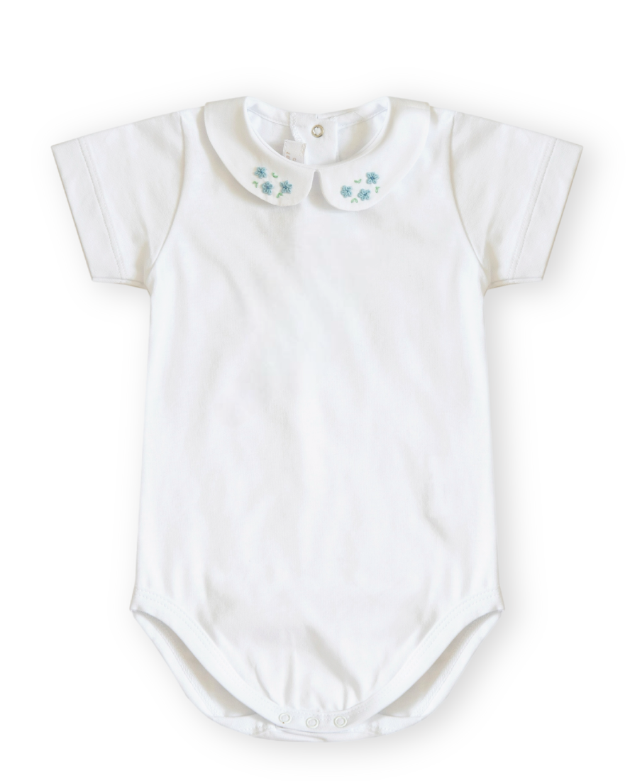 Baby Body with Embroidered Collar, Blue Flowers