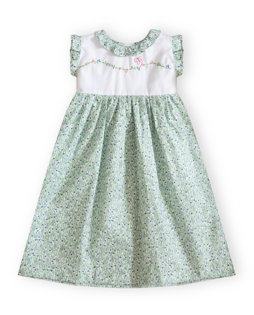 Green Floral Dress with Hand-Embroidery