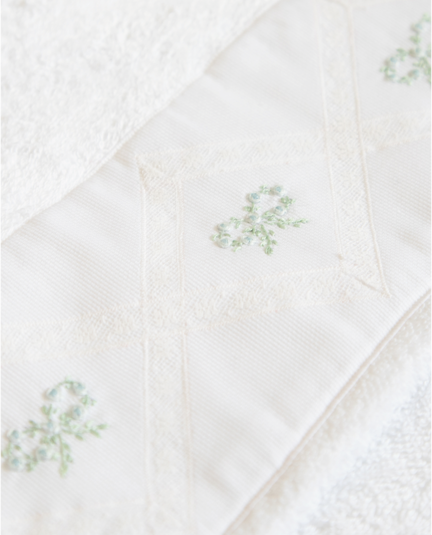 Italian Cotton Hooded Baby Towel, Hand-Embroidered with Wreathed Bows