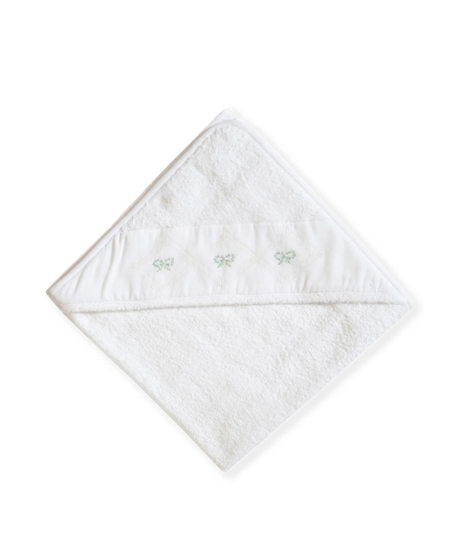 Italian Cotton Hooded Baby Towel, Hand-Embroidered with Wreathed Bows