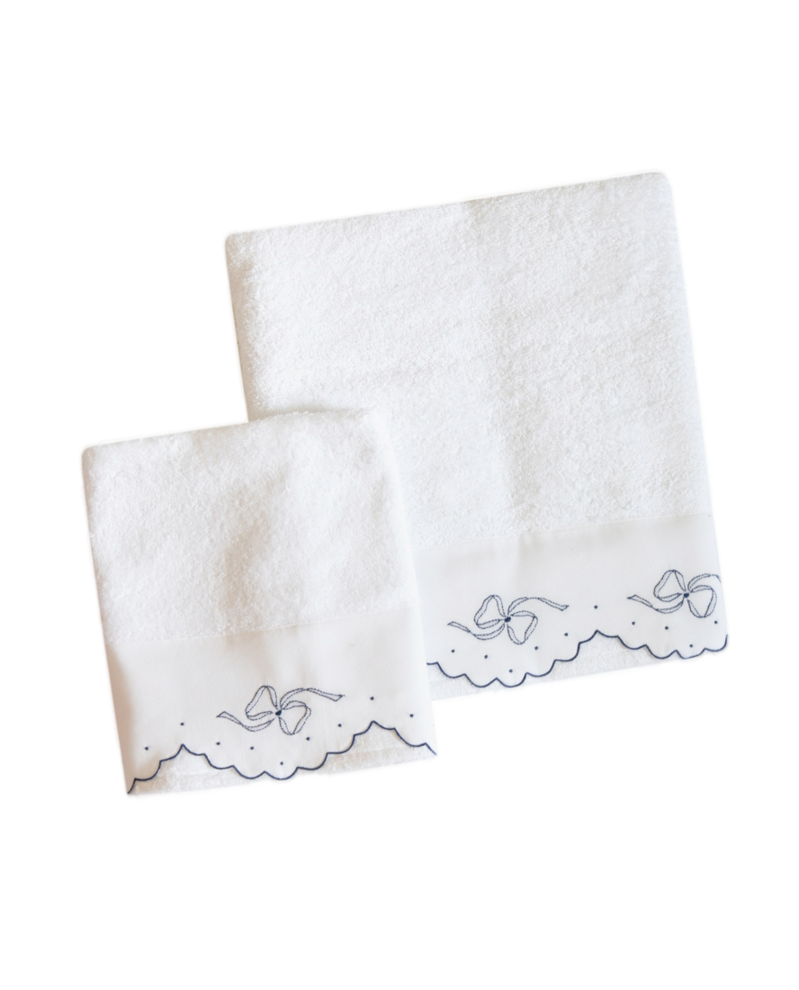 Italian Cotton Baby Towel Set, Hand-Embroidered with Bow