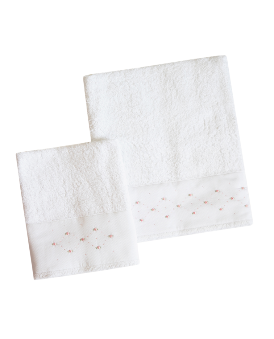 Italian Cotton Baby Towel Set, Hand-Embroidered with Rosebuds