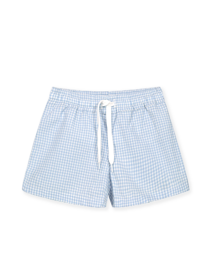 Boy's Cotton Swimming Trunks in Blue Gingham