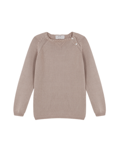 Classic beige cotton boy's summer jumper, very soft and light, fastens at the left shoulder with two mother of pearl buttons