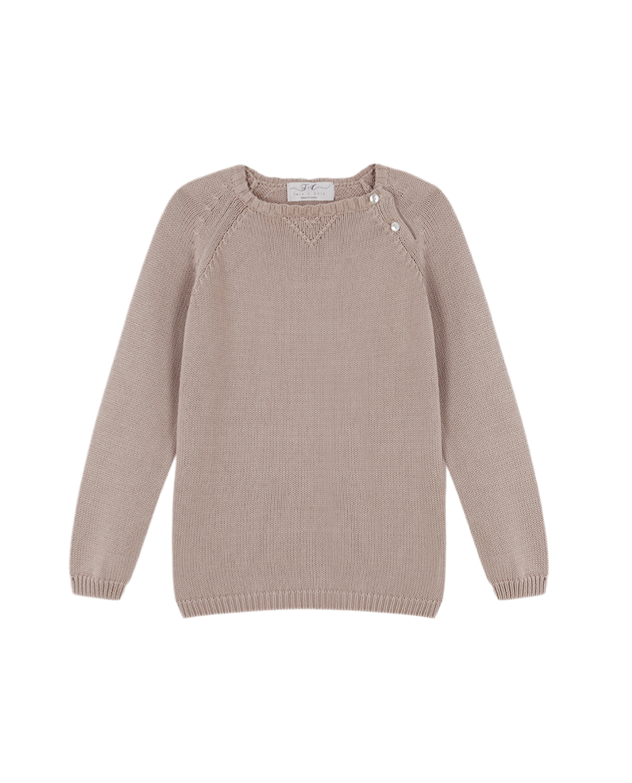 Classic beige cotton boy's summer jumper, very soft and light, fastens at the left shoulder with two mother of pearl buttons