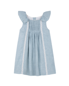 Girls Spanish style bridesmaid and occasion pleated pale blue linen dress